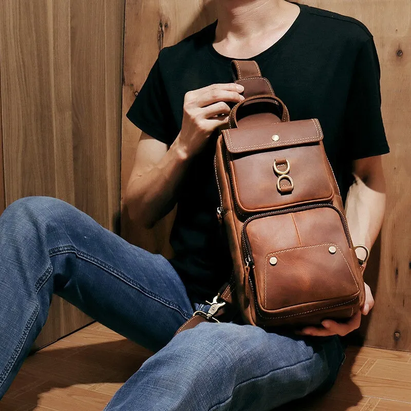 Men Genuine Leather Cowhide Retro Fashion Chest Bag Crossbody Sling