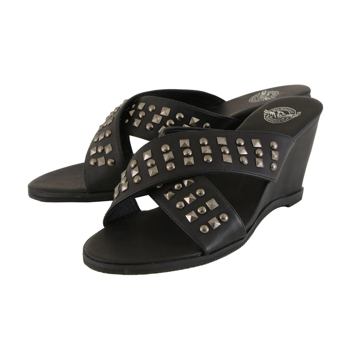 Milwaukee Leather MBL9455 Women's Black Studded Crossover Strap Wedges