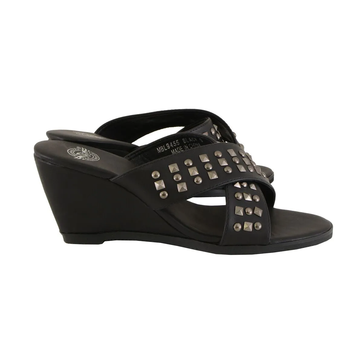 Milwaukee Leather MBL9455 Women's Black Studded Crossover Strap Wedges