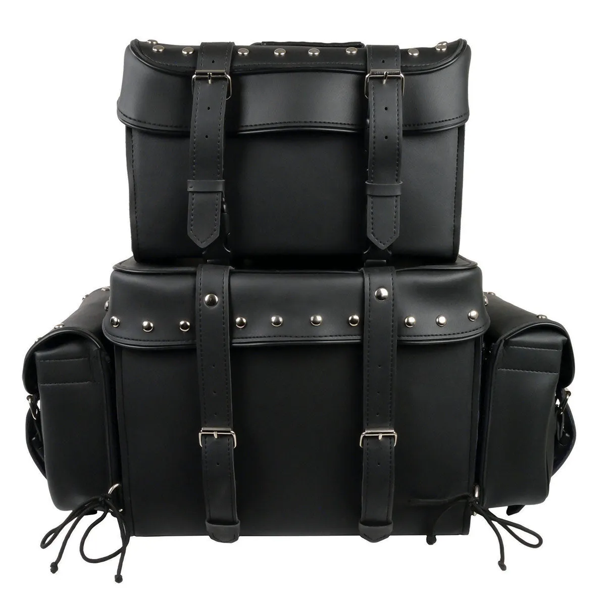 Milwaukee Leather SH650 Large Black PVC 4-Piece Studded Motorcycle Touring Pack with Barrel Bag