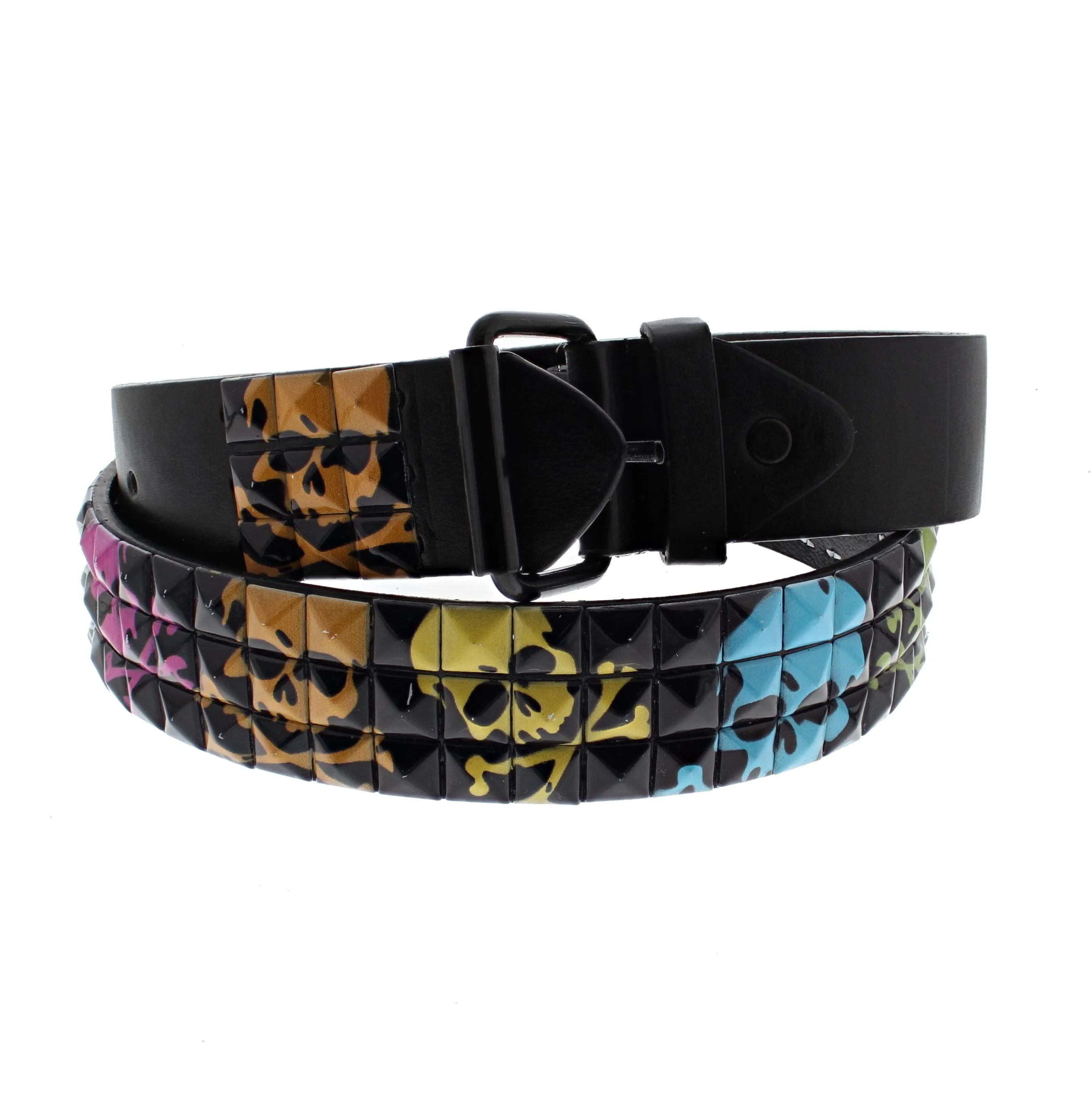 Multicolour Skulls on Black 3 Row Pyramid Belt