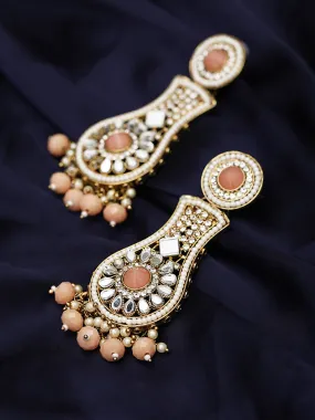 Peach Coloured Kundan Studded & Beaded Classic Drop Earrings