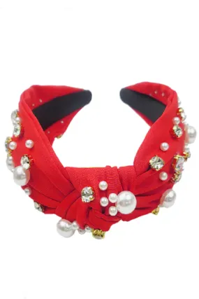 Pearl & Crystal Studded Knotted Headband-Red