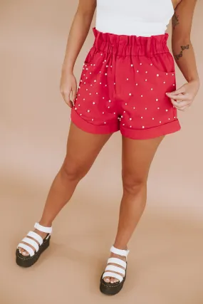 Pearl Studded Paper Bag Shorts, Red