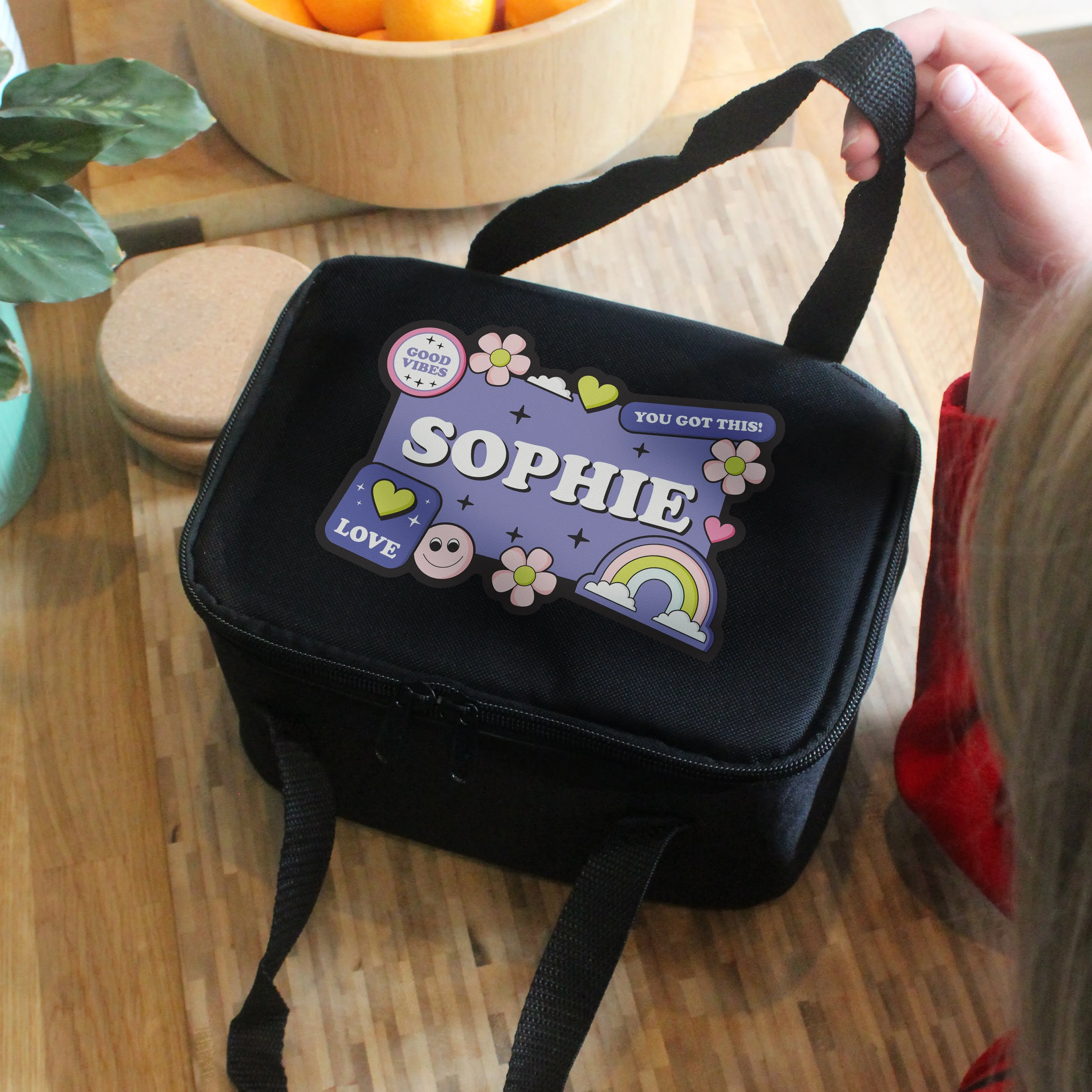 Personalised Good Vibes Black Lunch Bag