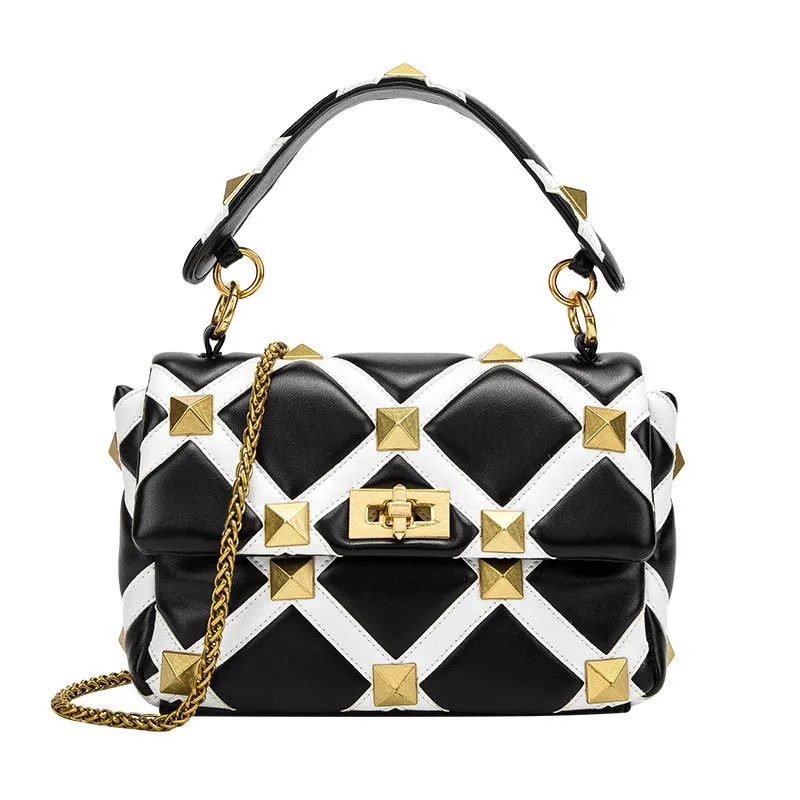 Plaid Studded One-Shoulder Messenger Handbag