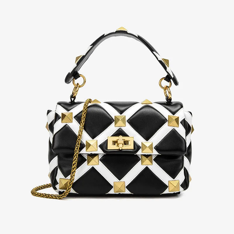 Plaid Studded One-Shoulder Messenger Handbag