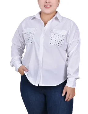 Plus Size Long Sleeve Hidden Placket Blouse With Studs