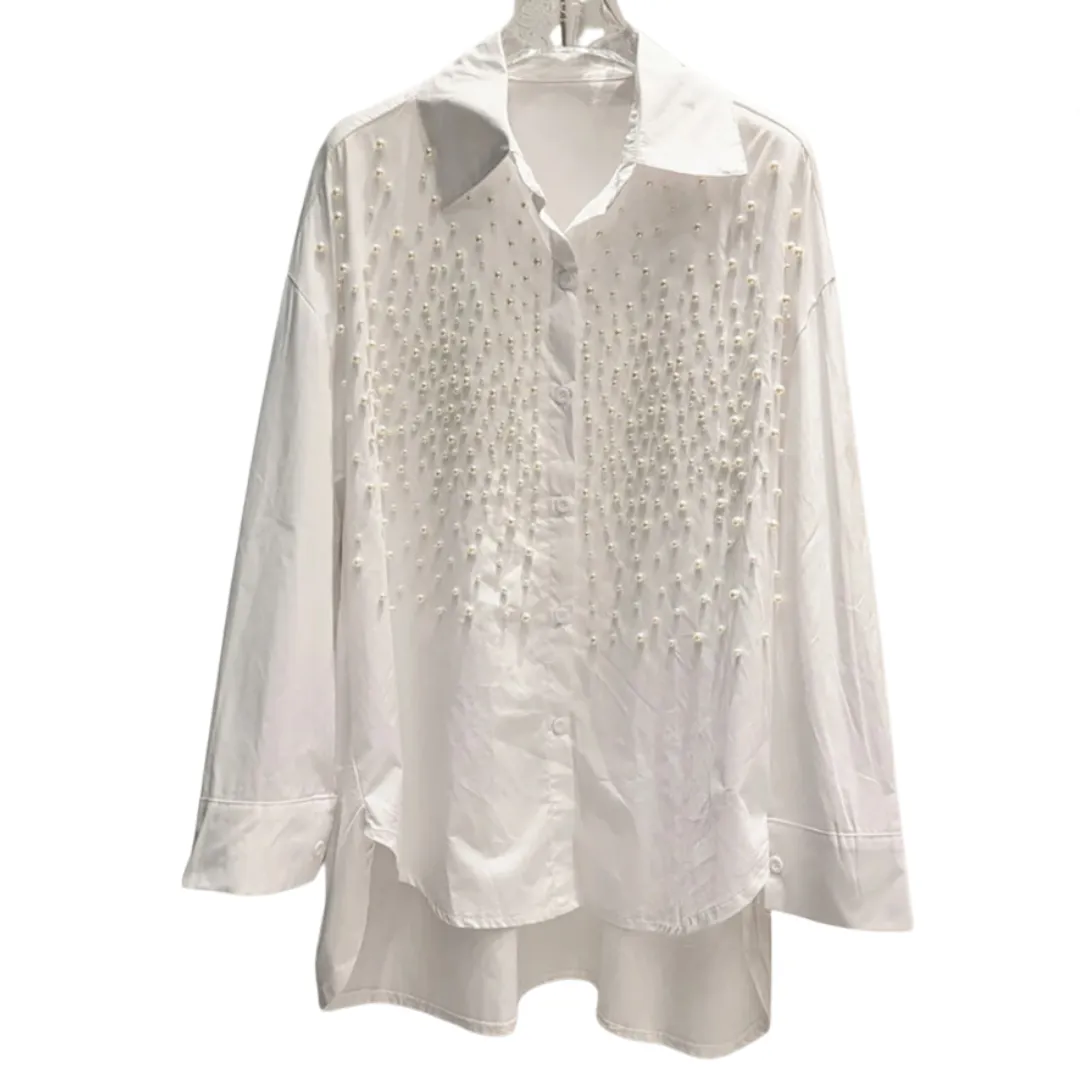 Pre Order:  Pearl Studded Solid Loose Casual Blouse