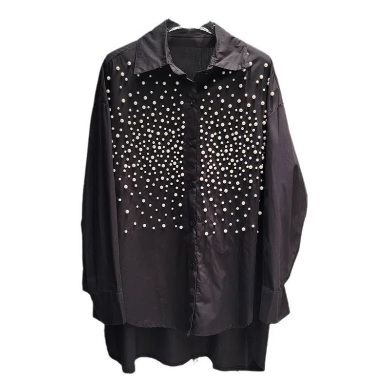 Pre Order:  Pearl Studded Solid Loose Casual Blouse