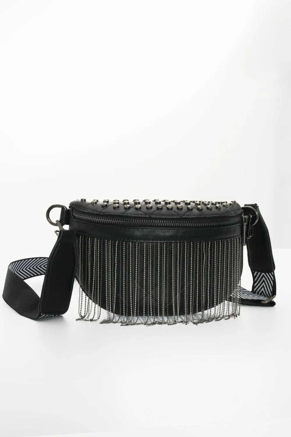 PU Leather Studded Sling Bag with Fringes