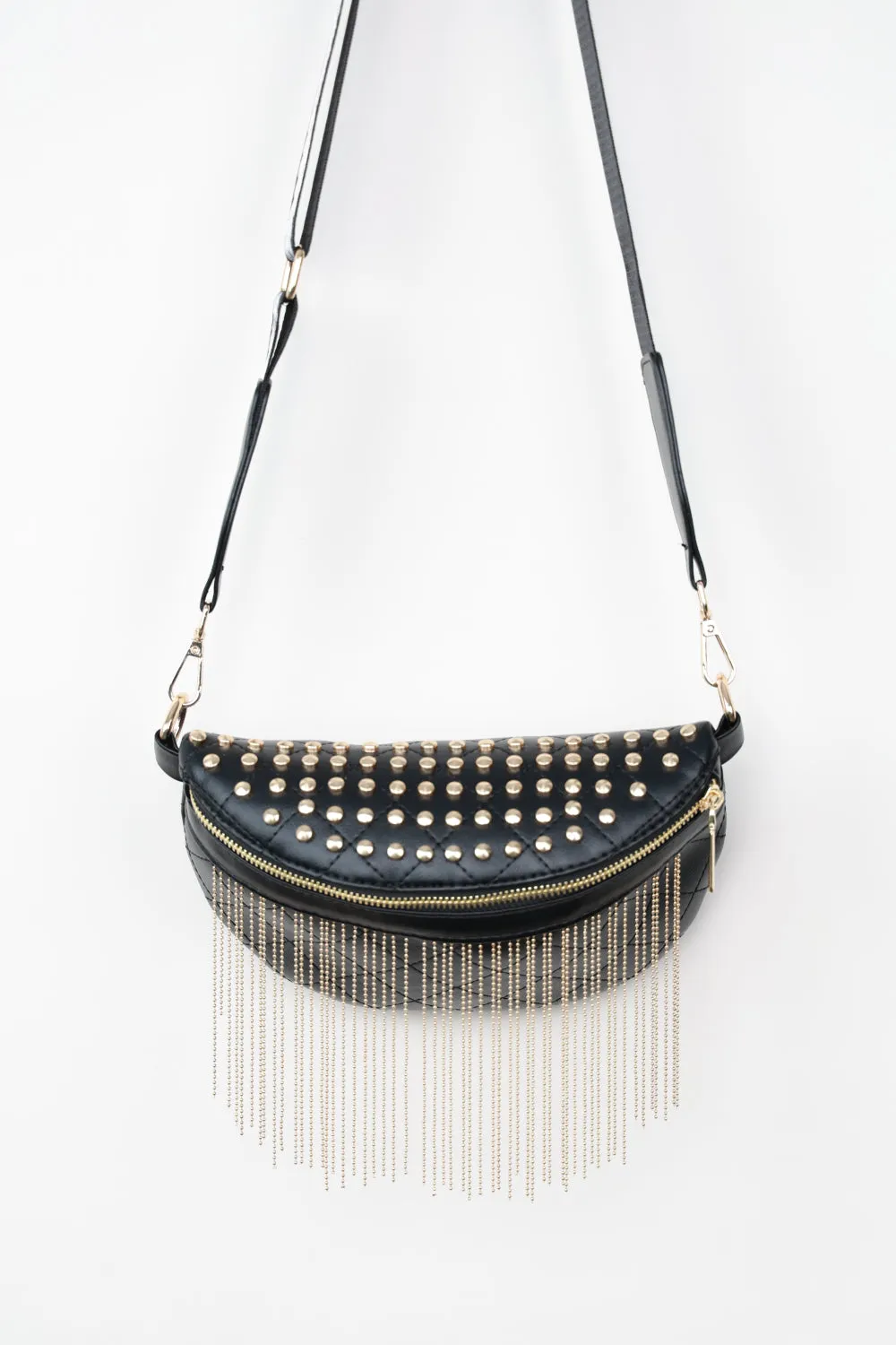 PU Leather Studded Sling Bag with Fringes