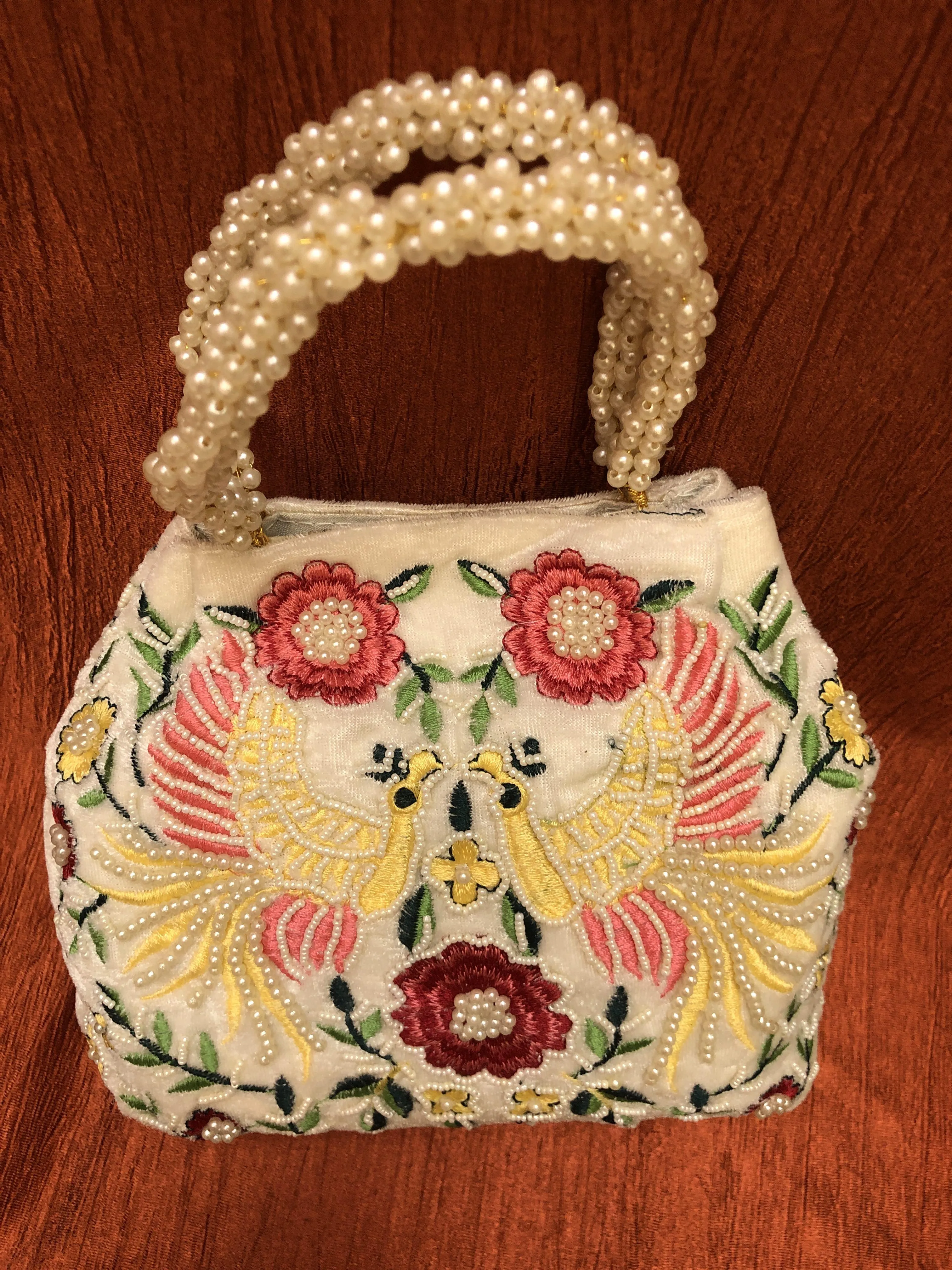 Pure Offwhite Color Clutch Bag with Parsi Embroidery & Pearl Work