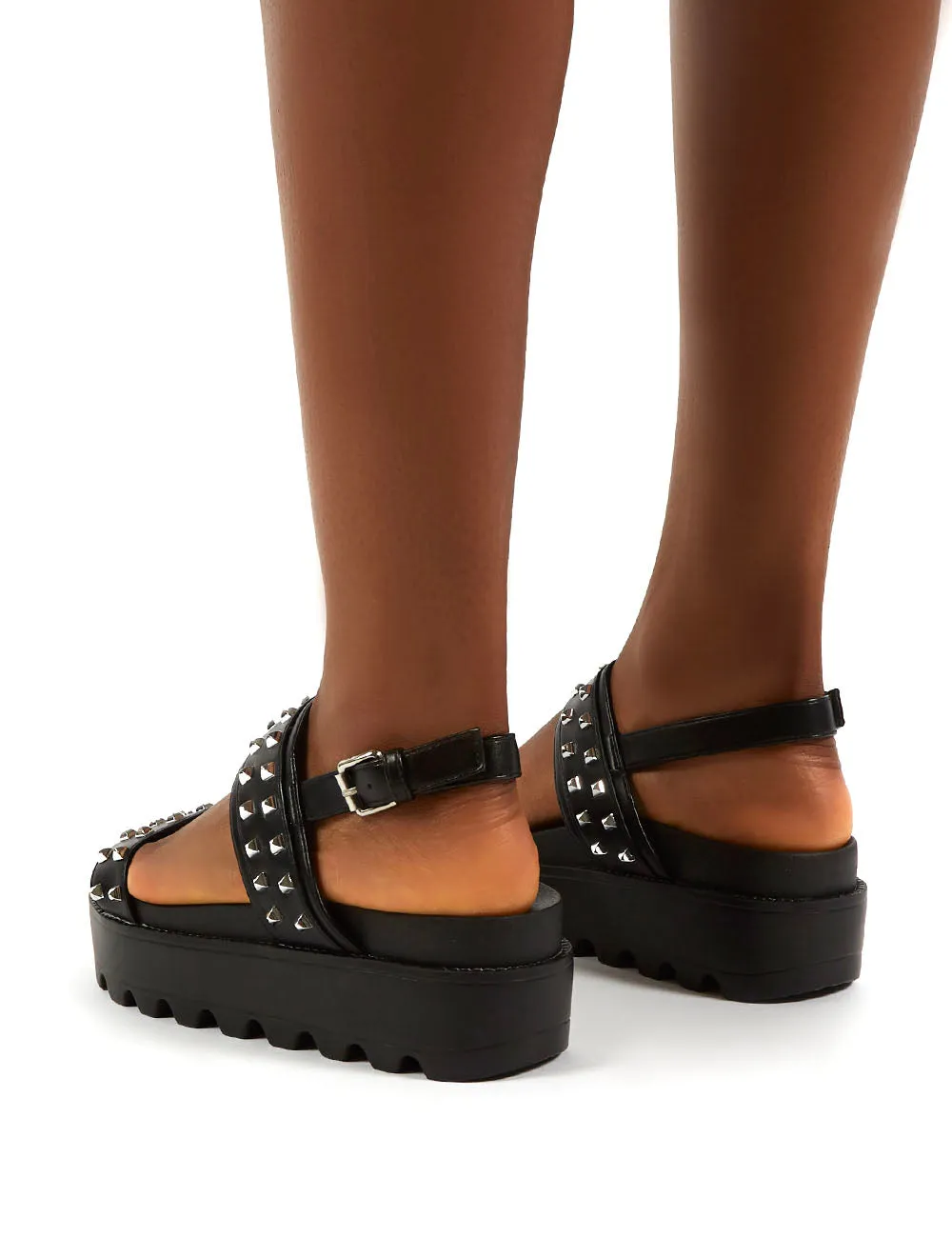 Rider Black PU Studded Two Strap Platform Sandals