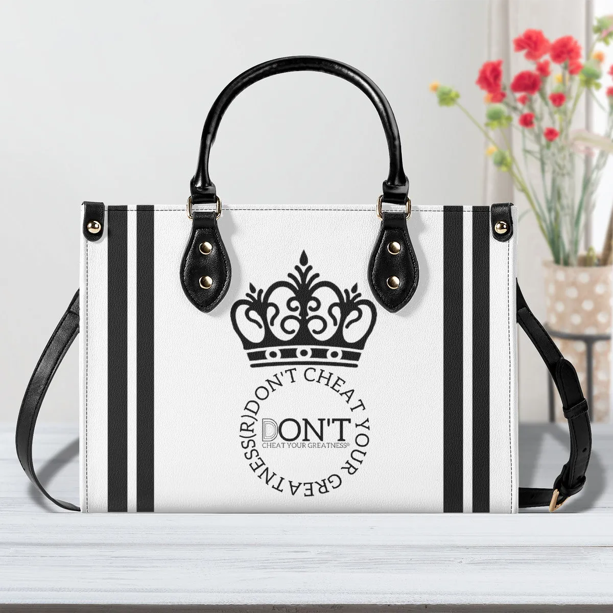 Royalty DON'T D4XV Black Logo ,Stripes & White Multiple Sizes Upgraded Luxury Women PU Leather Handbag