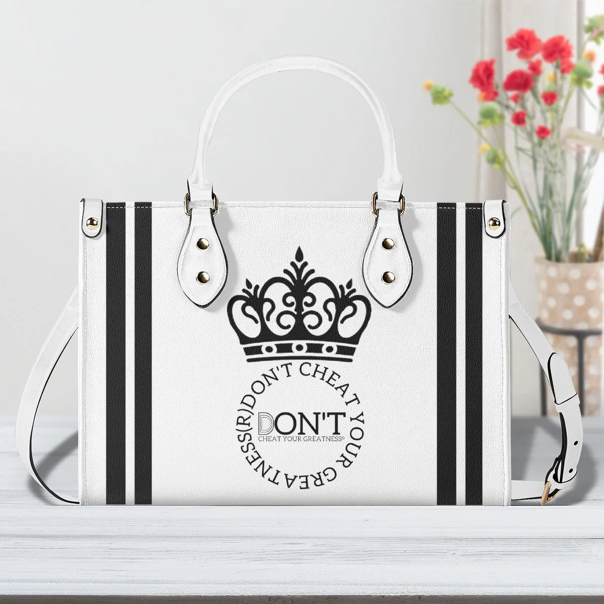 Royalty DON'T D4XV Black Logo ,Stripes & White Multiple Sizes Upgraded Luxury Women PU Leather Handbag