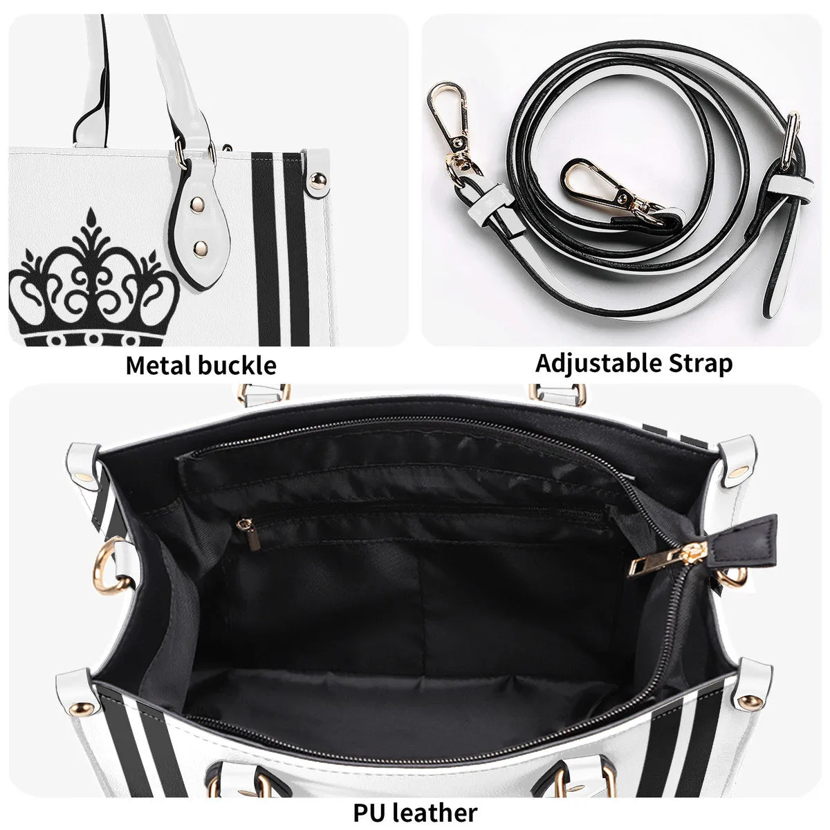 Royalty DON'T D4XV Black Logo ,Stripes & White Multiple Sizes Upgraded Luxury Women PU Leather Handbag