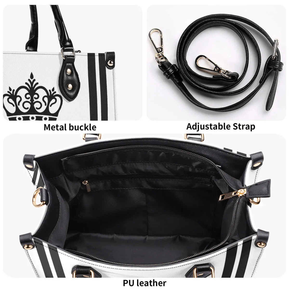 Royalty DON'T D4XV Black Logo ,Stripes & White Multiple Sizes Upgraded Luxury Women PU Leather Handbag