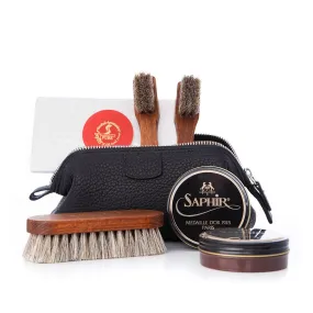 Shoe Shine Kit in Mini Black Leather Washbag