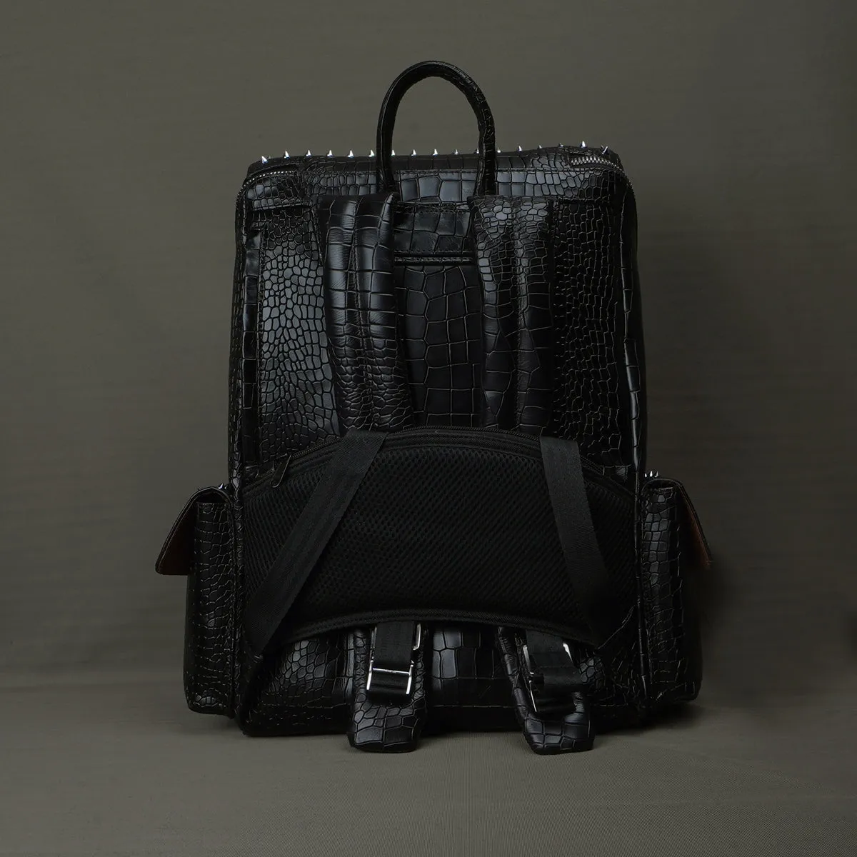 Studded Backpack Top Opening Black Croco Textured Leather