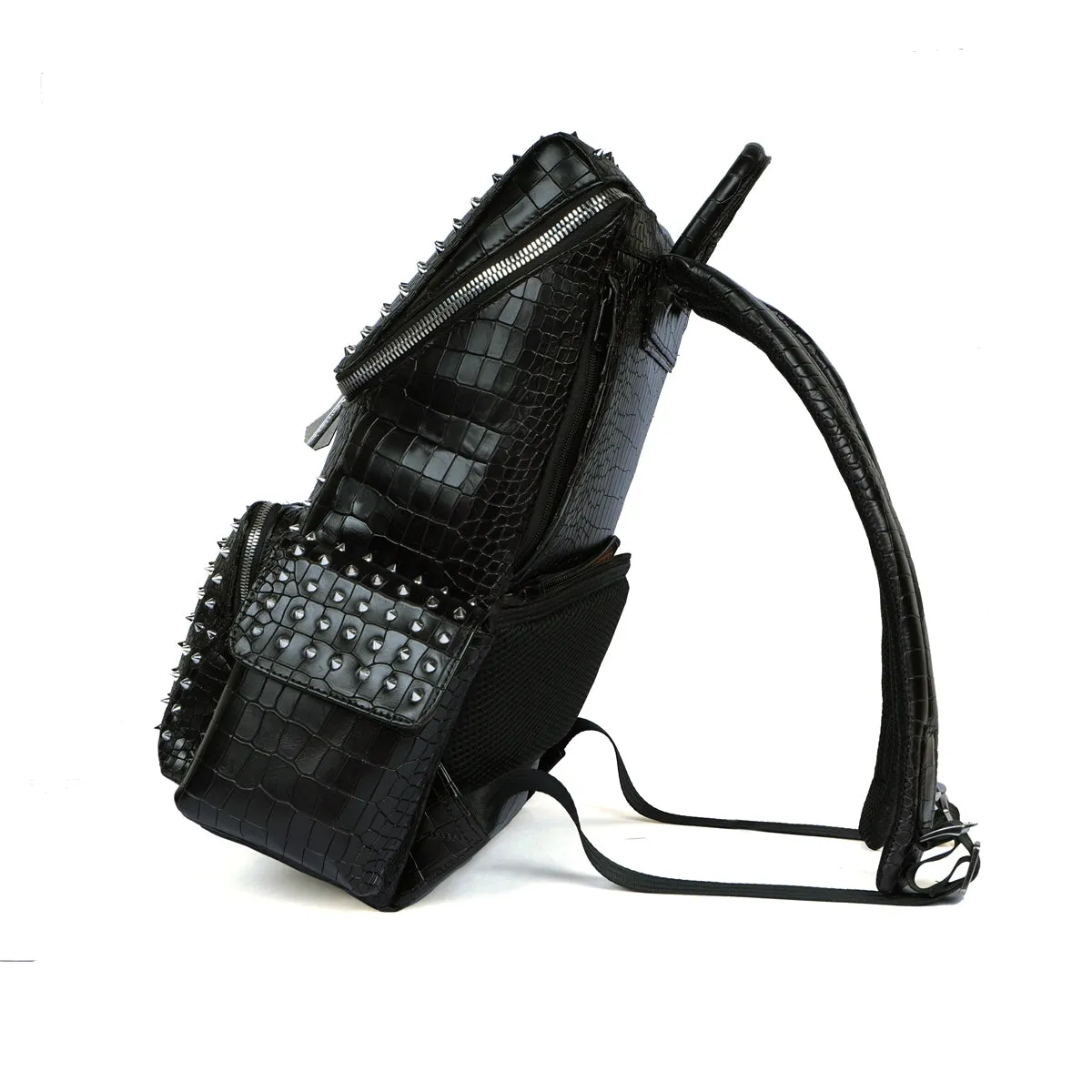 Studded Backpack Top Opening Black Croco Textured Leather