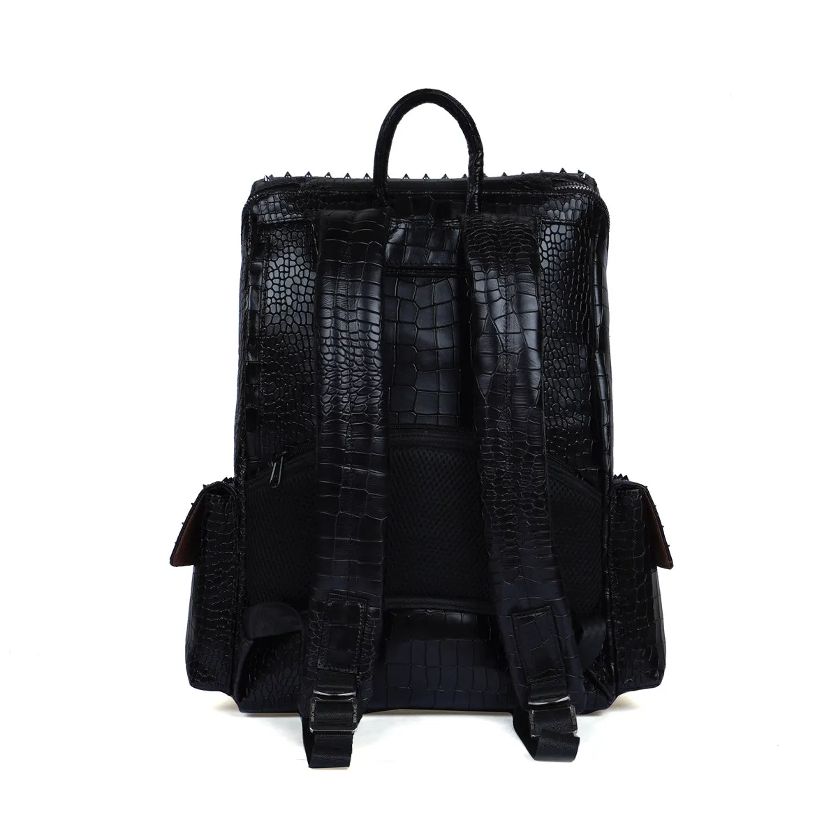 Studded Backpack Top Opening Black Croco Textured Leather