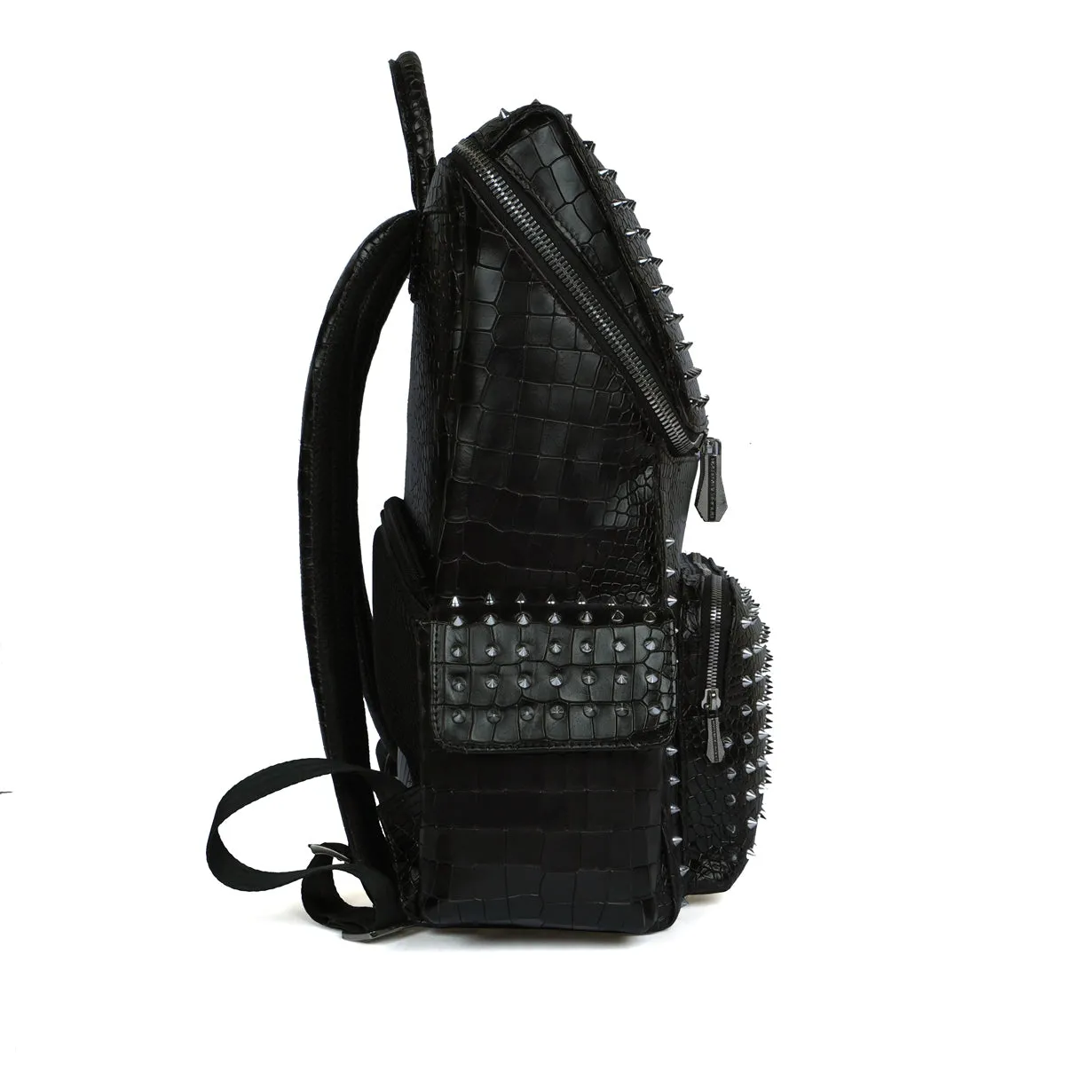 Studded Backpack Top Opening Black Croco Textured Leather