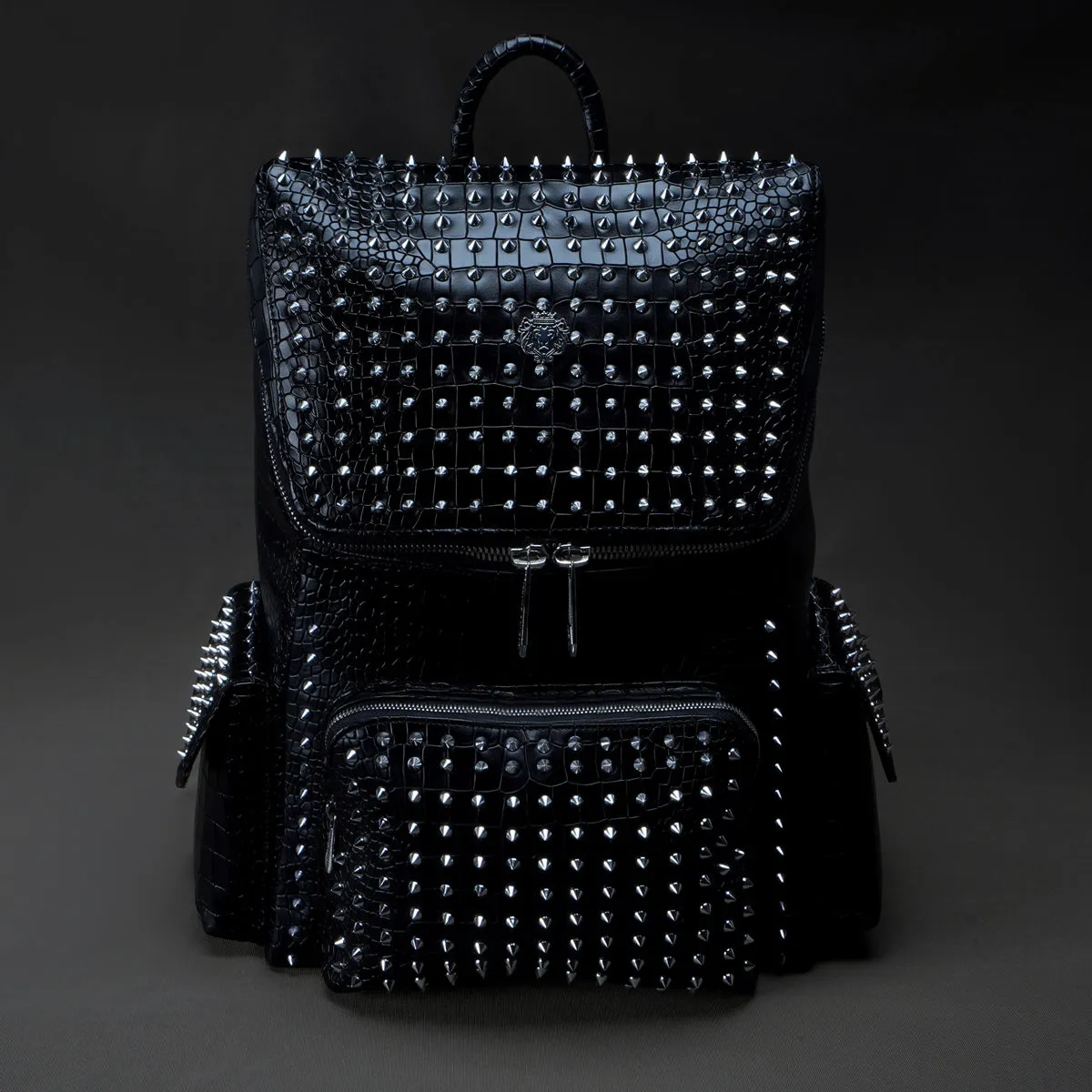 Studded Backpack Top Opening Black Croco Textured Leather