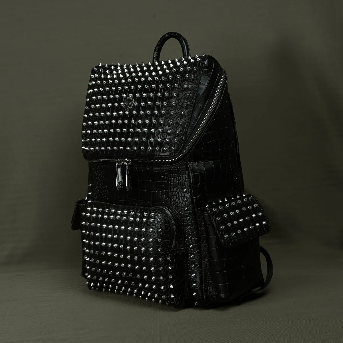 Studded Backpack Top Opening Black Croco Textured Leather