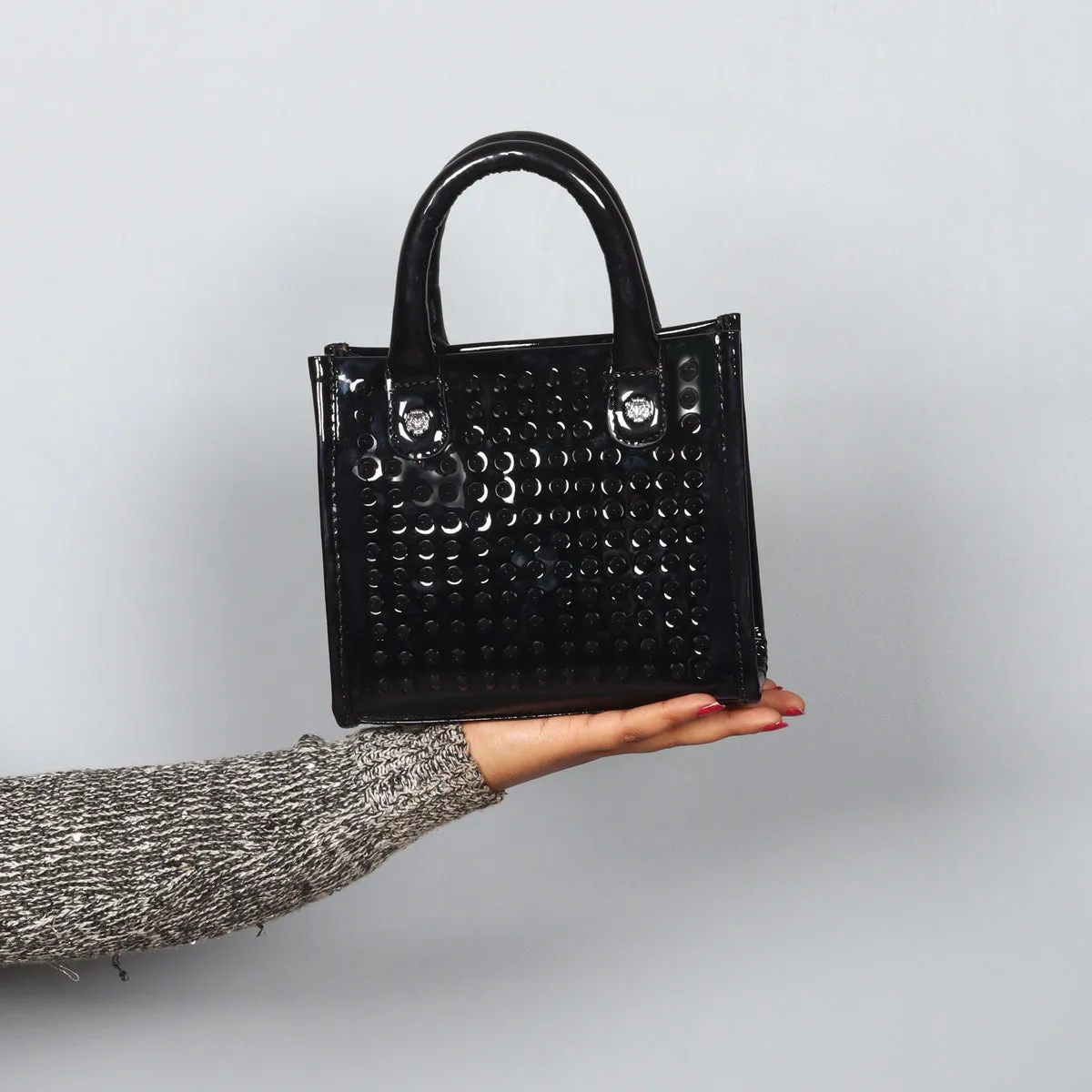 Studded Mini Size Hand Bag in Black Leather