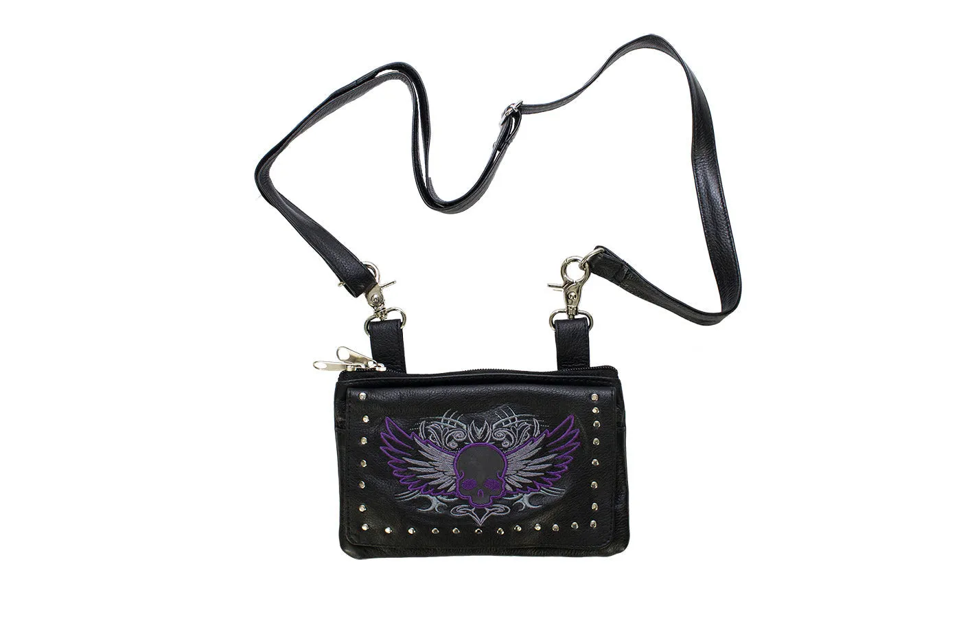 Studded Naked Cowhide Leather Purple Skull Belt Bag