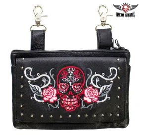 Studded Red & White Sugar Skull Naked Cowhide Leather Belt Bag