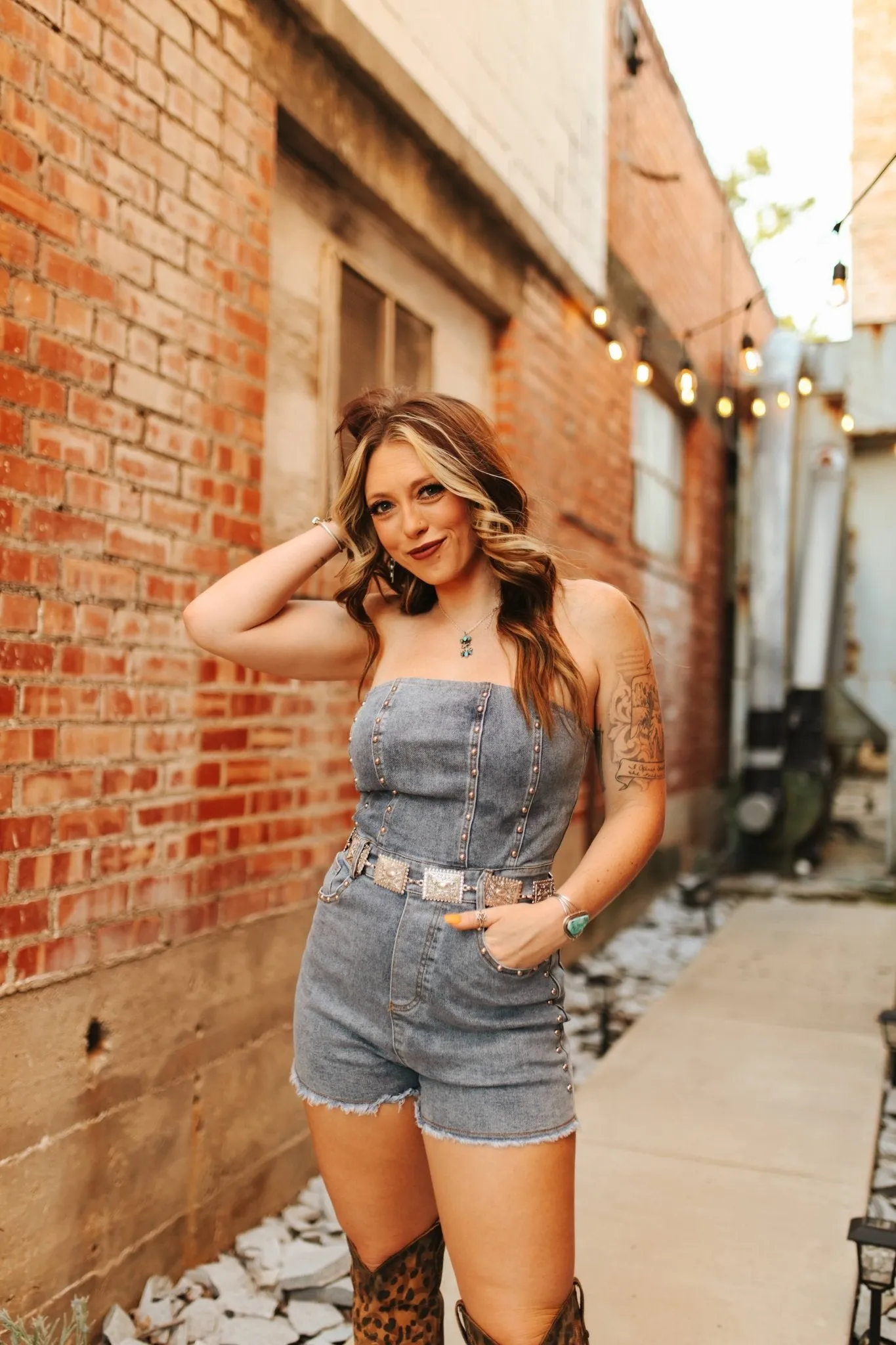 Studded Strapless Denim Romper