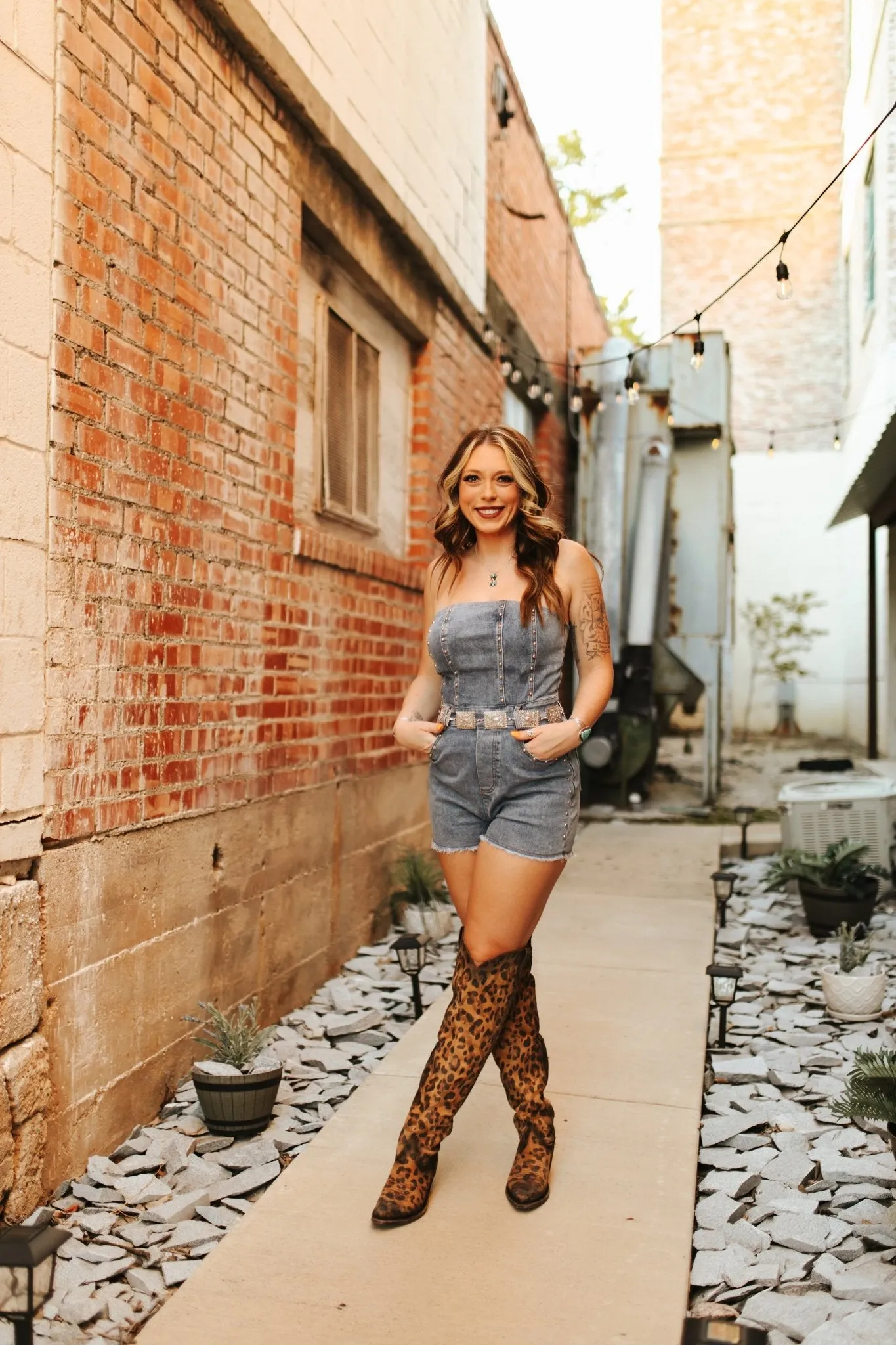 Studded Strapless Denim Romper