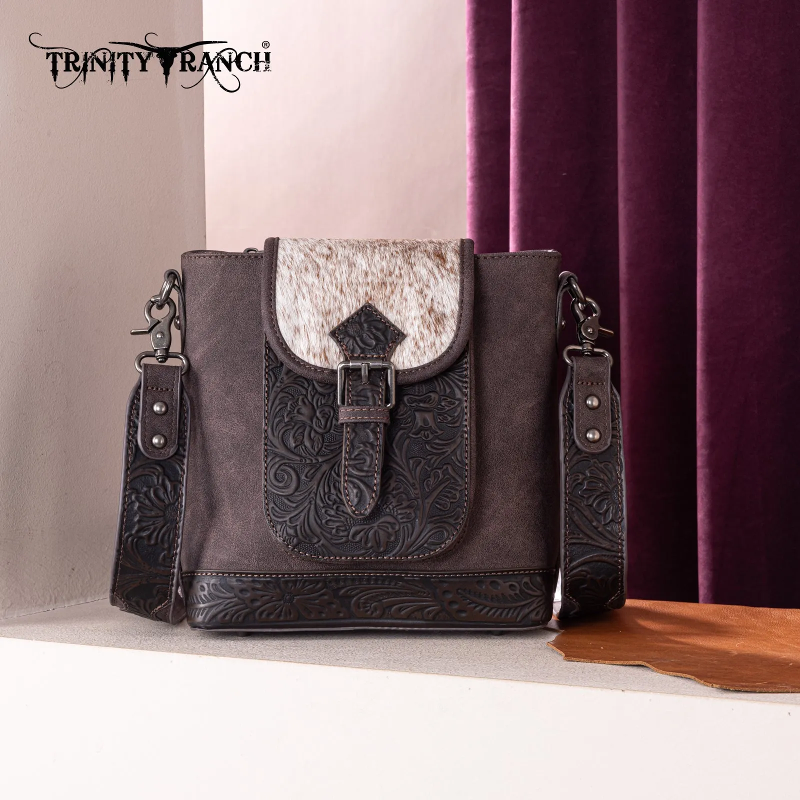 TR185G-9360  Trinity Ranch Genuine Hair-On Cowhide Tooled Concealed Carry Crossbody Bag-  Coffee