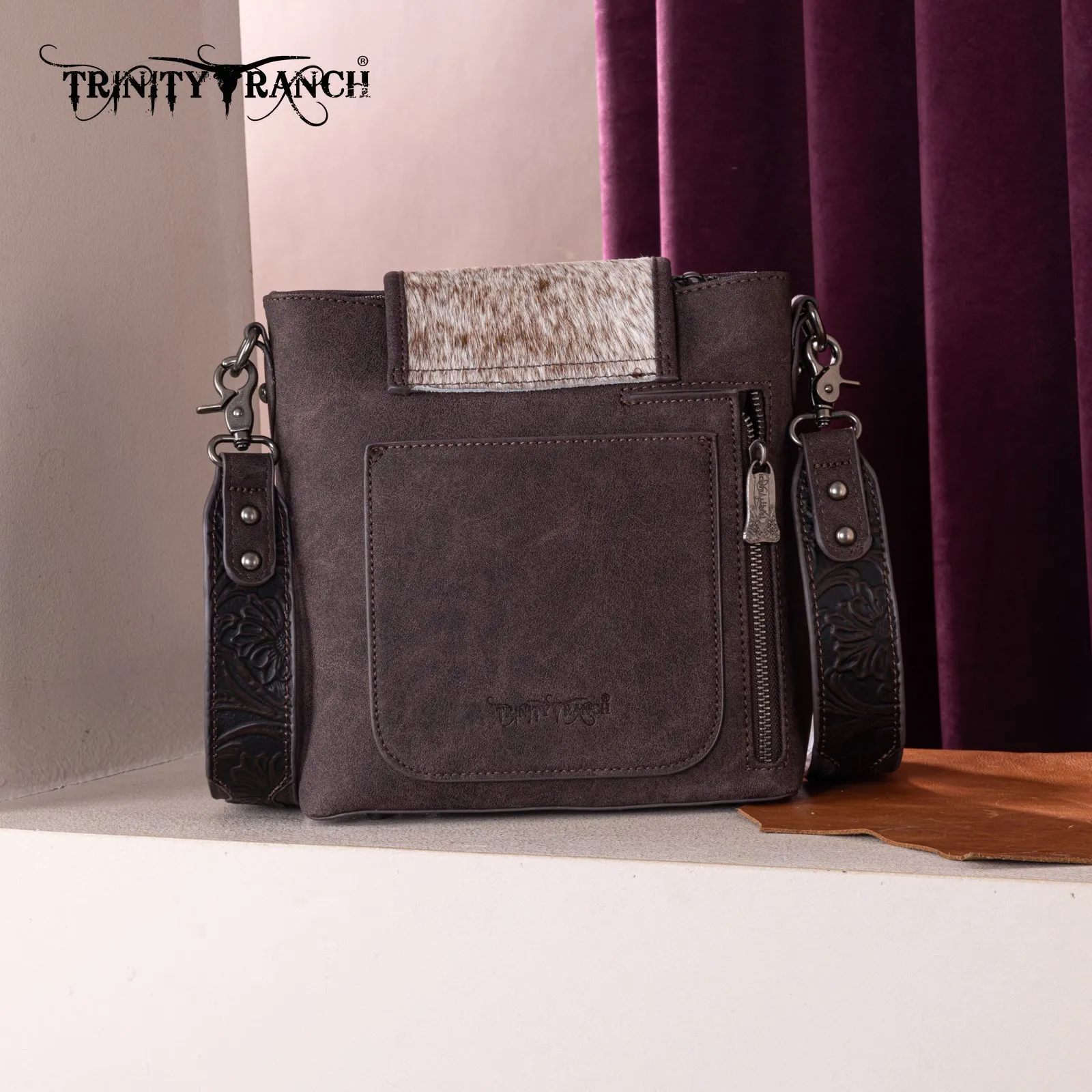 TR185G-9360  Trinity Ranch Genuine Hair-On Cowhide Tooled Concealed Carry Crossbody Bag-  Coffee