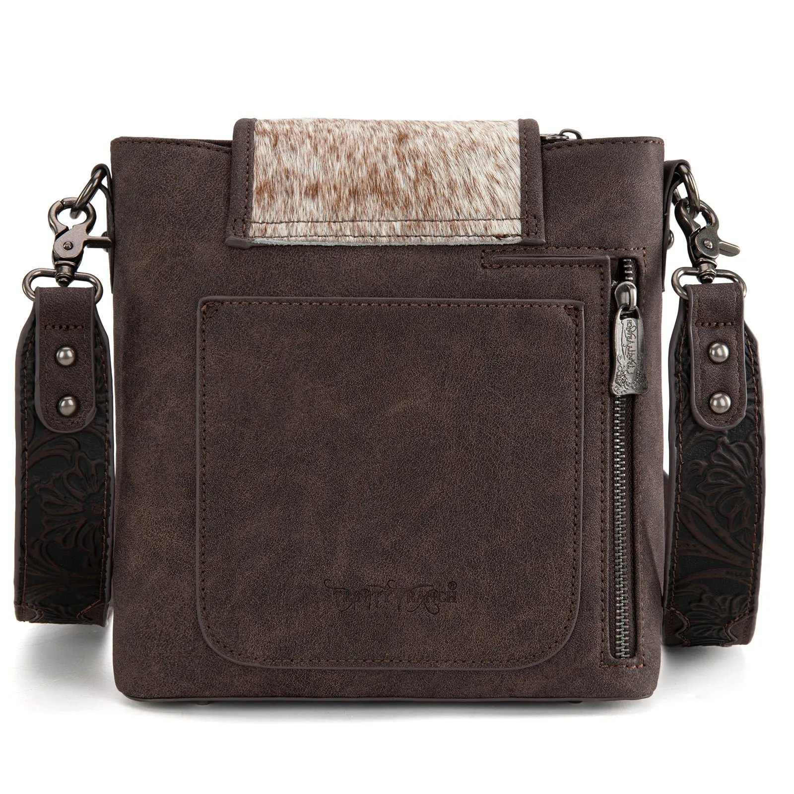 TR185G-9360  Trinity Ranch Genuine Hair-On Cowhide Tooled Concealed Carry Crossbody Bag-  Coffee