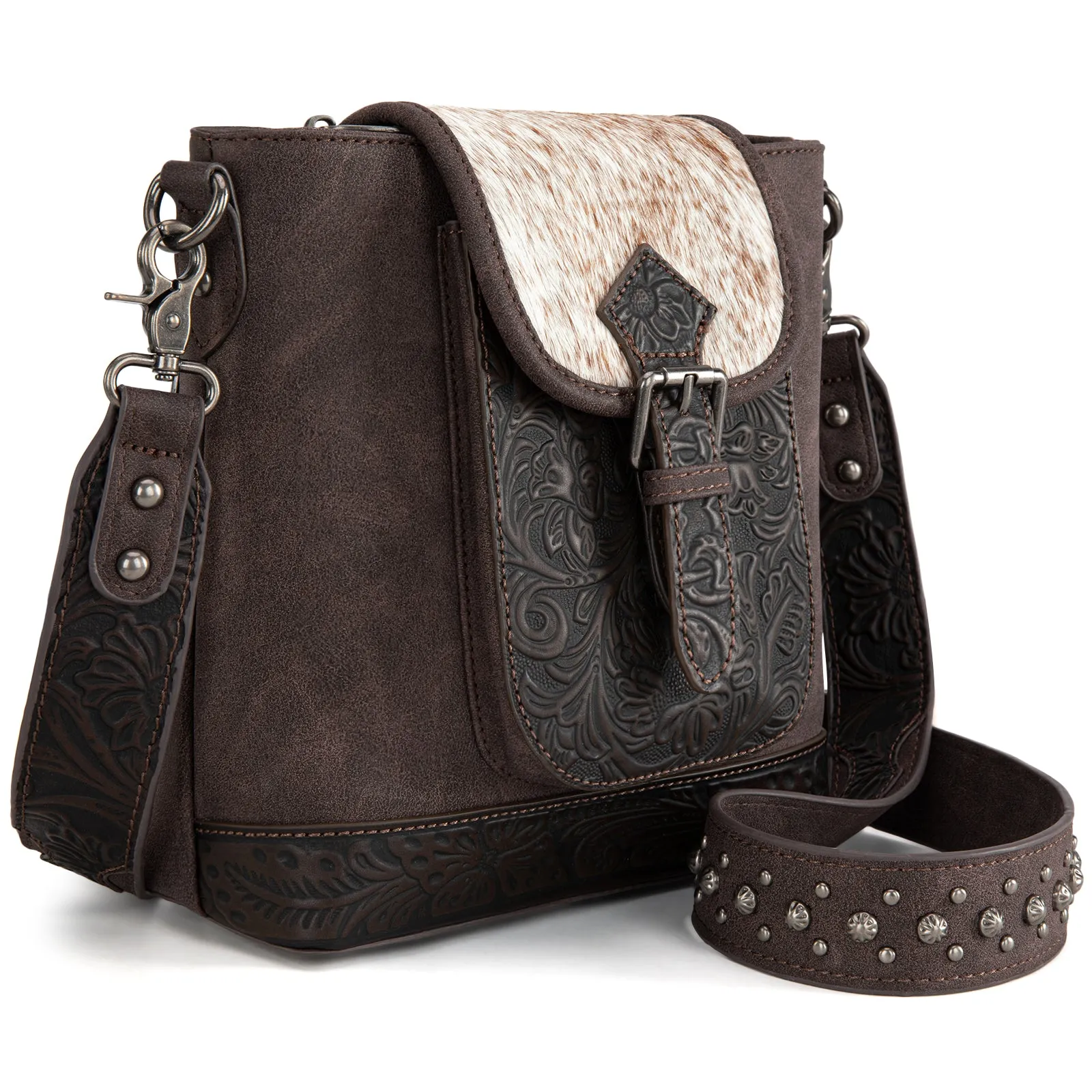 TR185G-9360  Trinity Ranch Genuine Hair-On Cowhide Tooled Concealed Carry Crossbody Bag-  Coffee