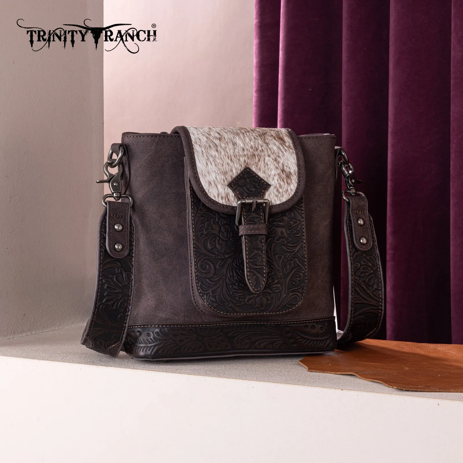 TR185G-9360  Trinity Ranch Genuine Hair-On Cowhide Tooled Concealed Carry Crossbody Bag-  Coffee