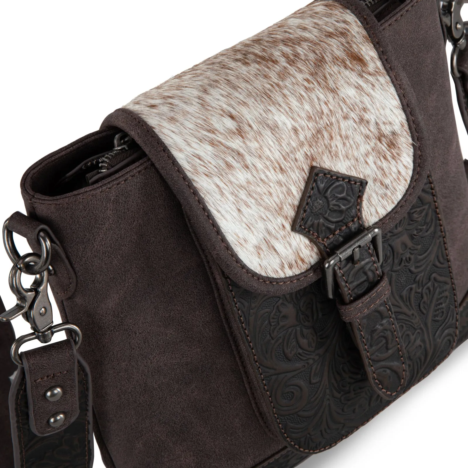 TR185G-9360  Trinity Ranch Genuine Hair-On Cowhide Tooled Concealed Carry Crossbody Bag-  Coffee