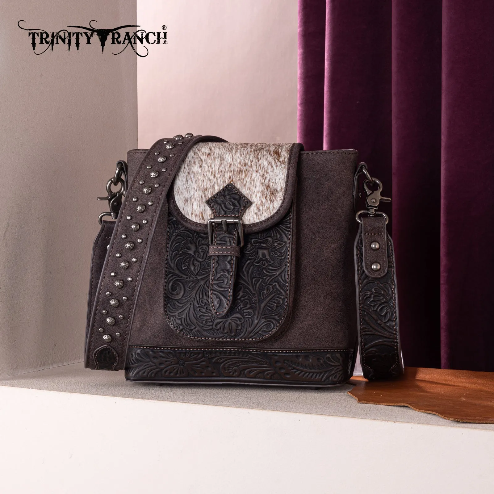 TR185G-9360  Trinity Ranch Genuine Hair-On Cowhide Tooled Concealed Carry Crossbody Bag-  Coffee