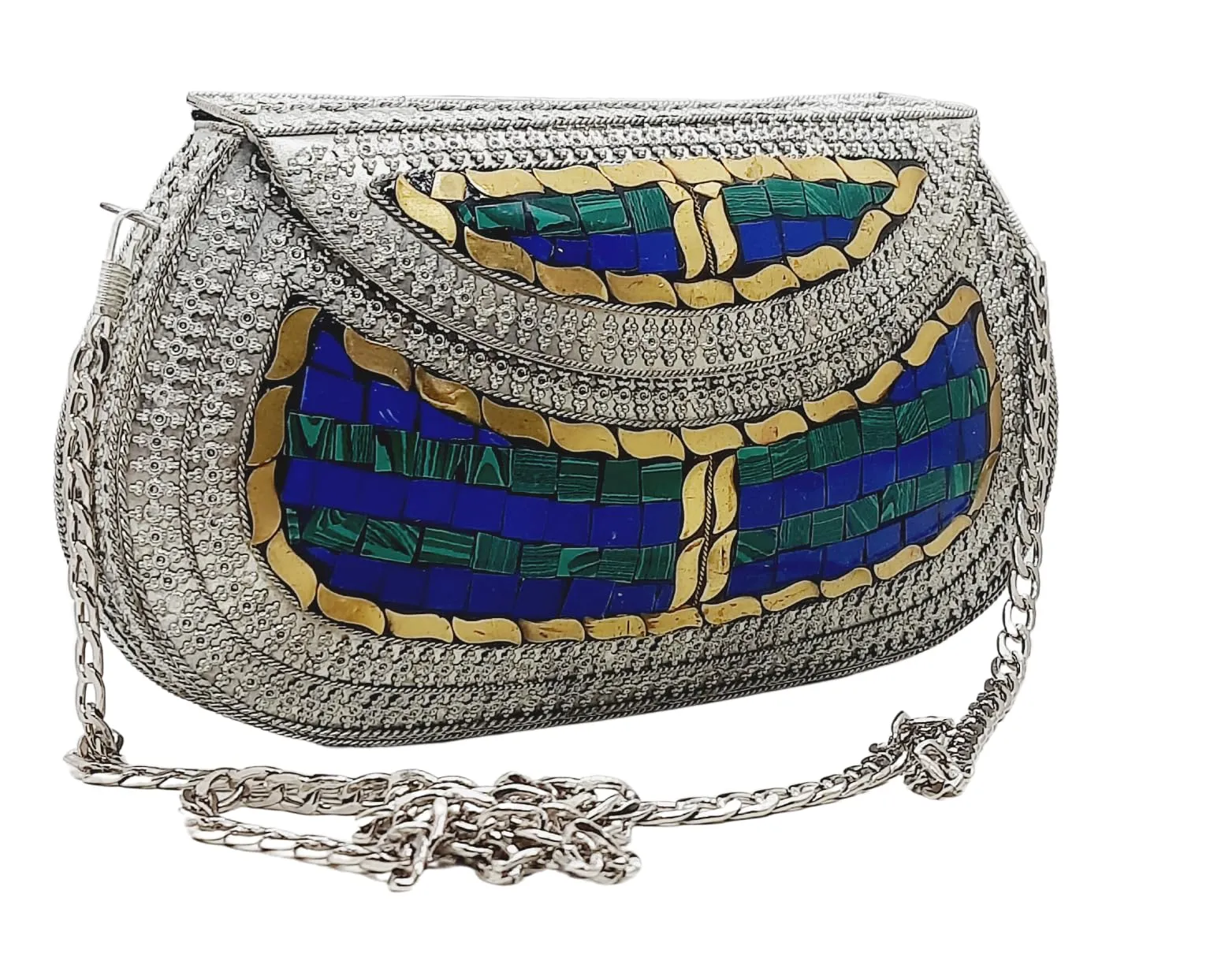 Trend Overseas Handmade Antique Stone Bag Ethnic Clutch - Metal Bag Perfect for Parties, Fits All Cellphone Models (Silver Green)