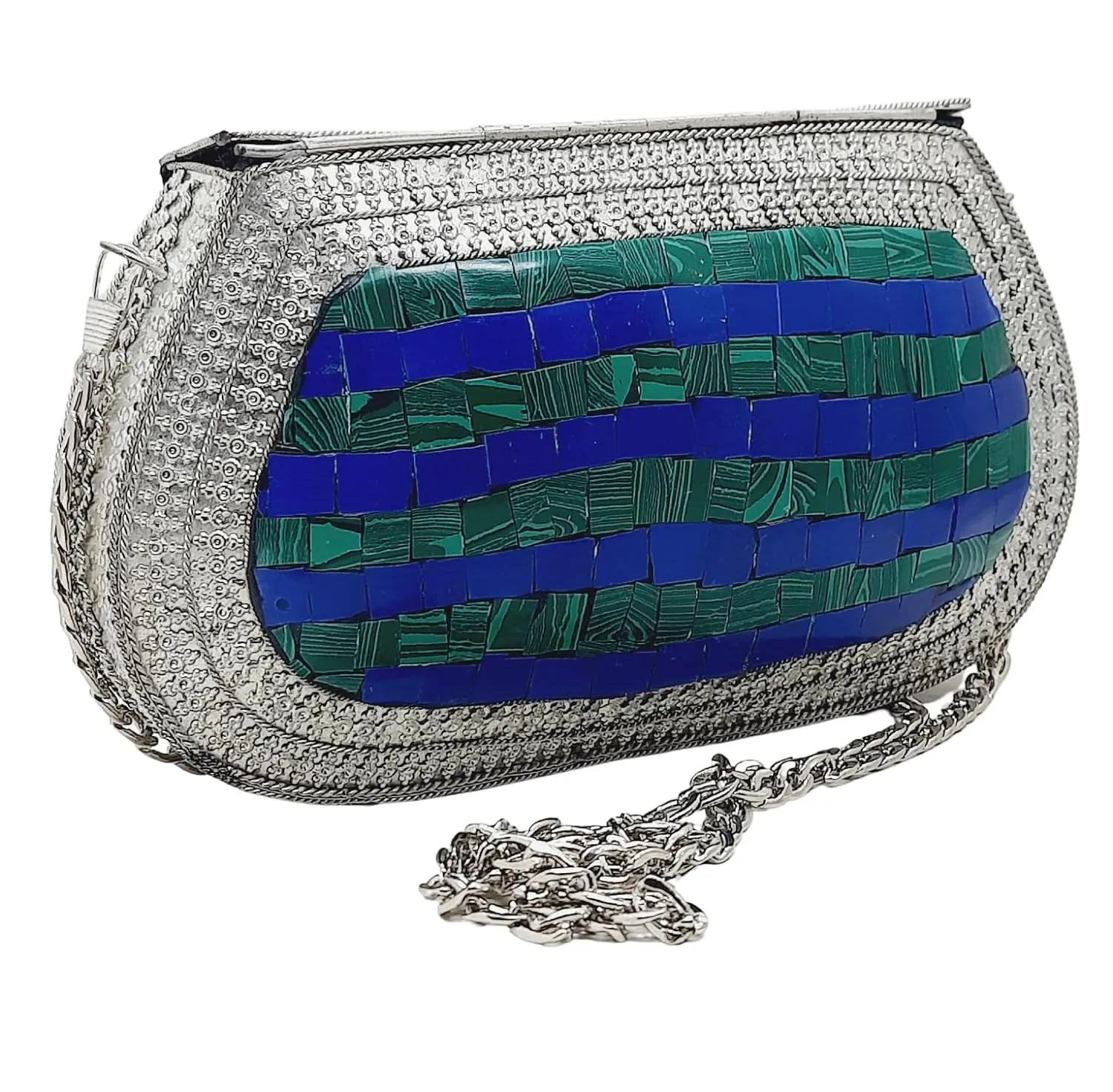 Trend Overseas Handmade Antique Stone Bag Ethnic Clutch - Metal Bag Perfect for Parties, Fits All Cellphone Models (Silver Green)