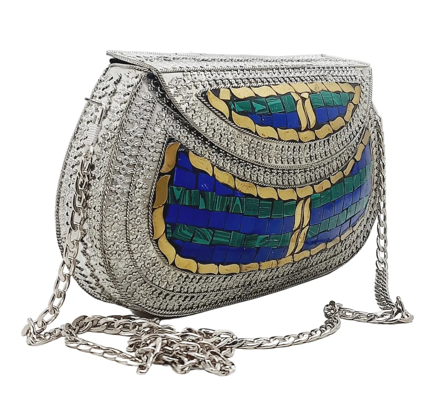 Trend Overseas Handmade Antique Stone Bag Ethnic Clutch - Metal Bag Perfect for Parties, Fits All Cellphone Models (Silver Green)