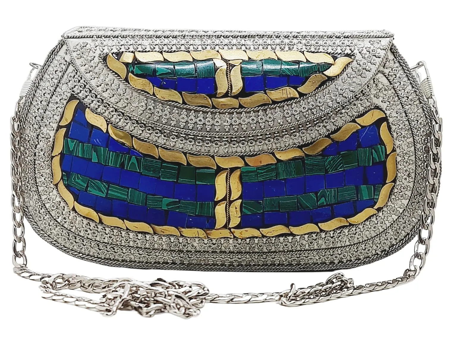 Trend Overseas Handmade Antique Stone Bag Ethnic Clutch - Metal Bag Perfect for Parties, Fits All Cellphone Models (Silver Green)