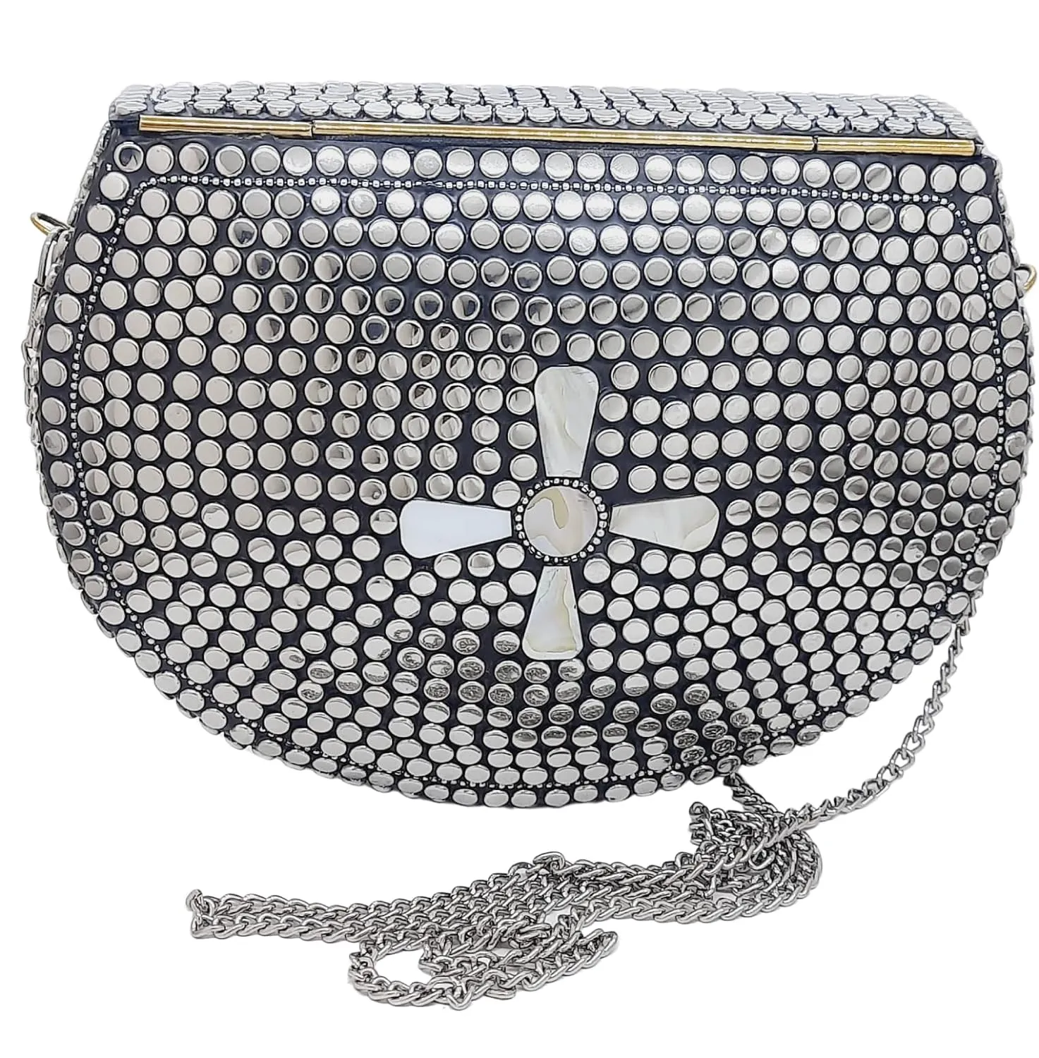 Trend Overseas Silver metal Beaded Ethnic purse Girls Bridal Bag cross body bag for women/Girl party clutch Metal clutches Vintage Brass (Sunflower)