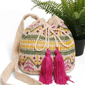 Tribal Straw Crossbody Bucket Bag  211-3 (1 unit)