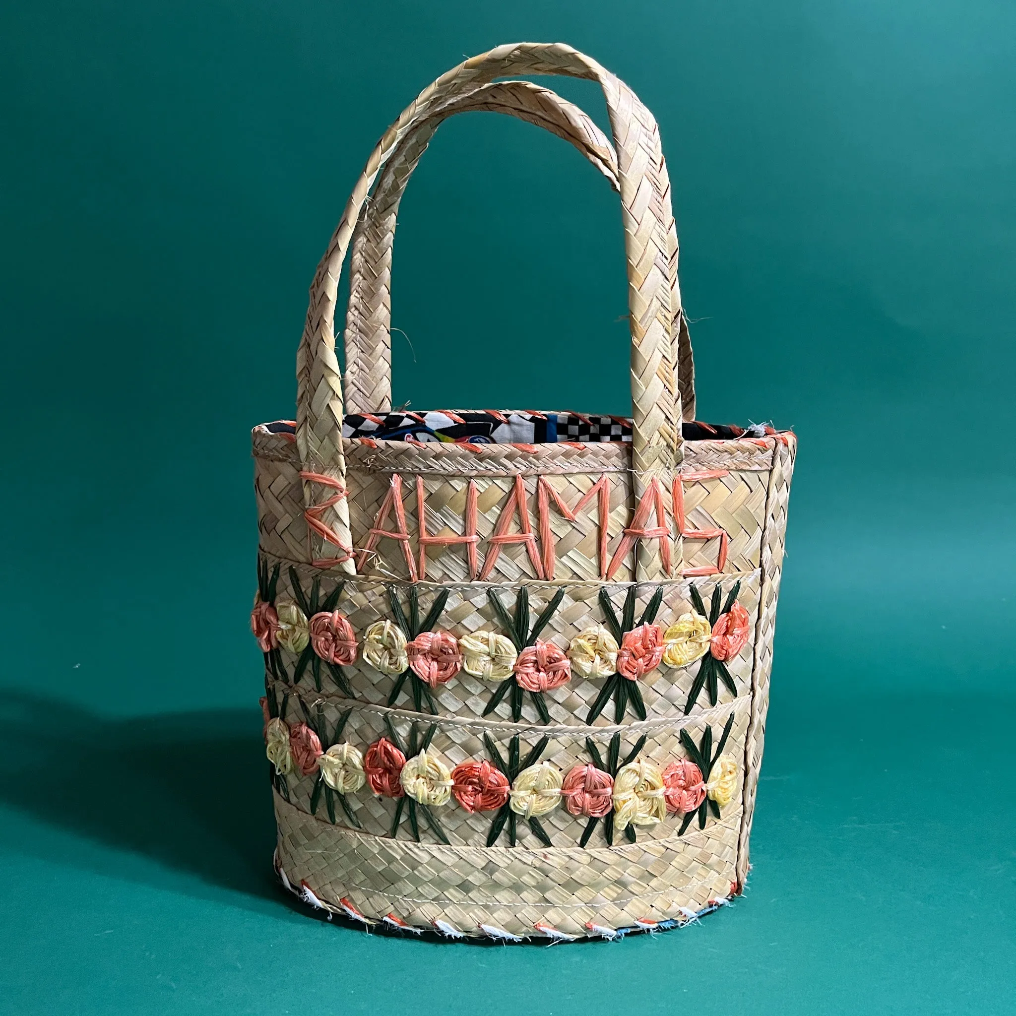 Vintage Bahamas Straw Flowers Bucket Bag