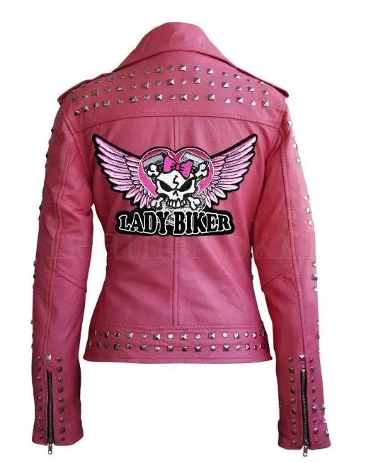 Women Pink Studded Motorcycle Leather Jacket