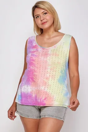 Women's Plus Tie Dye Tank With Studded Detail, Loose Fit, Easy Casual Wear